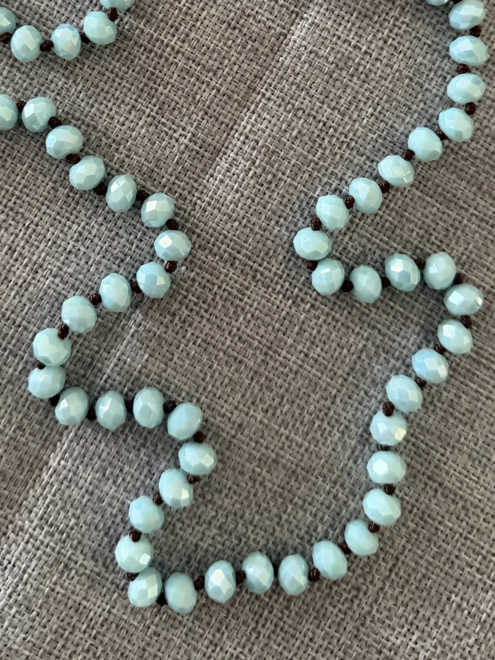 Blue Crystal Glass Beaded Long Necklace Knotted Between Each Bead | Brown Thread